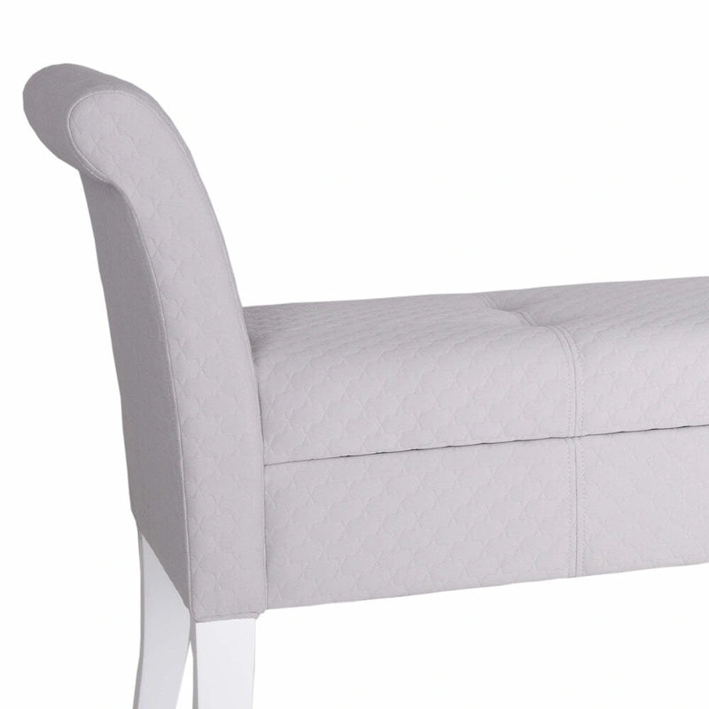 Banc de rangement capitonné en tissu bleu/gris/jaune avec accoudoirs ailés