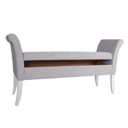Banc de rangement capitonné en tissu bleu/gris/jaune avec accoudoirs ailés