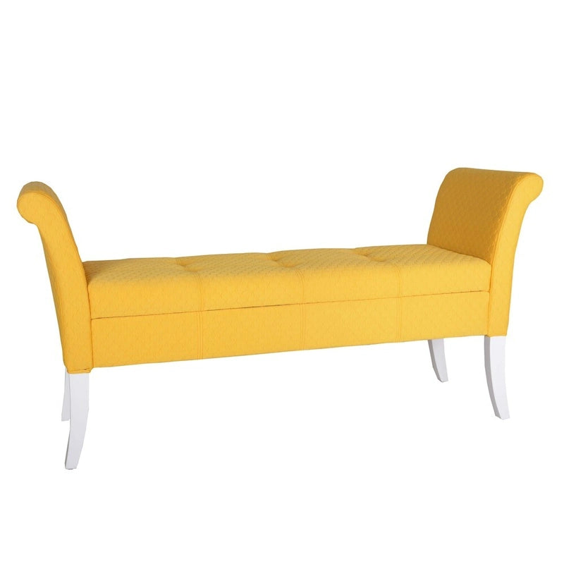 Banc de rangement capitonné en tissu bleu/gris/jaune avec accoudoirs ailés