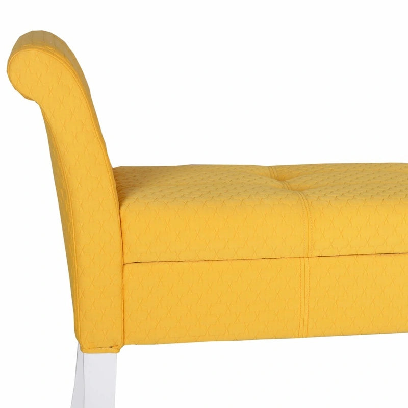 Banc de rangement capitonné en tissu bleu/gris/jaune avec accoudoirs ailés