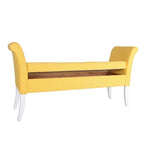 Banc de rangement capitonné en tissu bleu/gris/jaune avec accoudoirs ailés