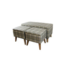 Poufs de rangement à pieds en bois, motif écossais beige/gris/bleu/marron, ensemble de 3 pièces