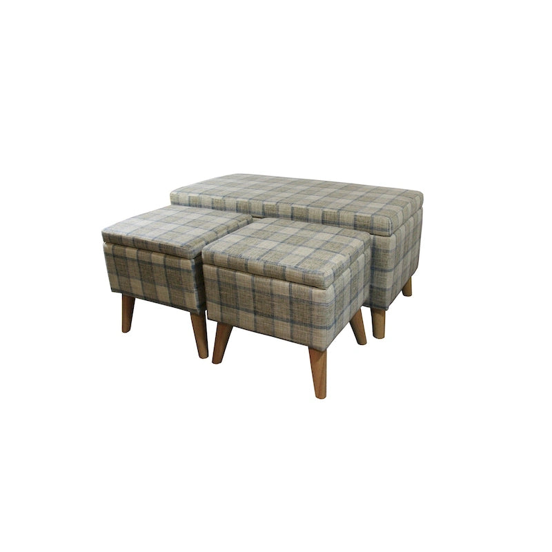 Poufs de rangement à pieds en bois, motif écossais beige/gris/bleu/marron, ensemble de 3 pièces