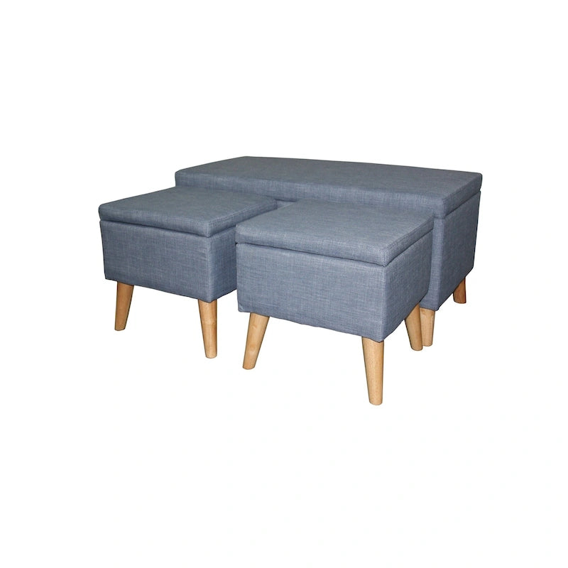 Poufs de rangement à pieds en bois, motif écossais beige/gris/bleu/marron, ensemble de 3 pièces