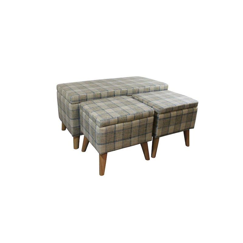 Poufs de rangement à pieds en bois, motif écossais beige/gris/bleu/marron, ensemble de 3 pièces
