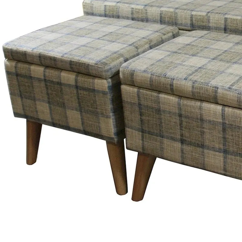 Poufs de rangement à pieds en bois, motif écossais beige/gris/bleu/marron, ensemble de 3 pièces