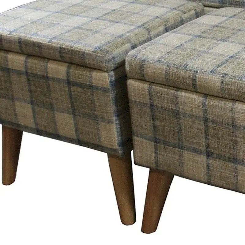 Poufs de rangement à pieds en bois, motif écossais beige/gris/bleu/marron, ensemble de 3 pièces