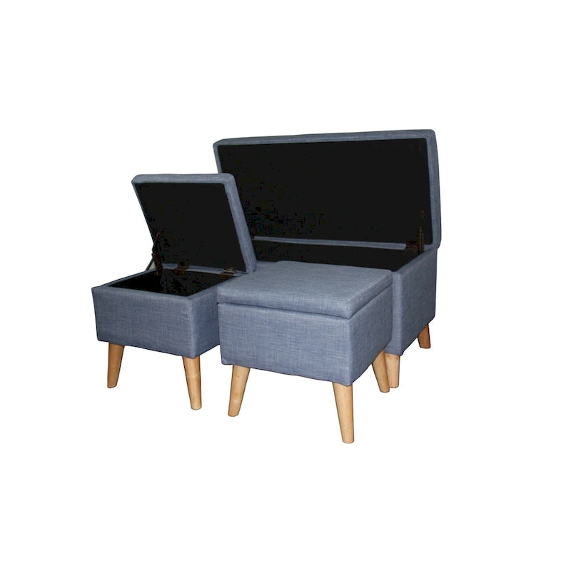 Poufs de rangement à pieds en bois, motif écossais beige/gris/bleu/marron, ensemble de 3 pièces