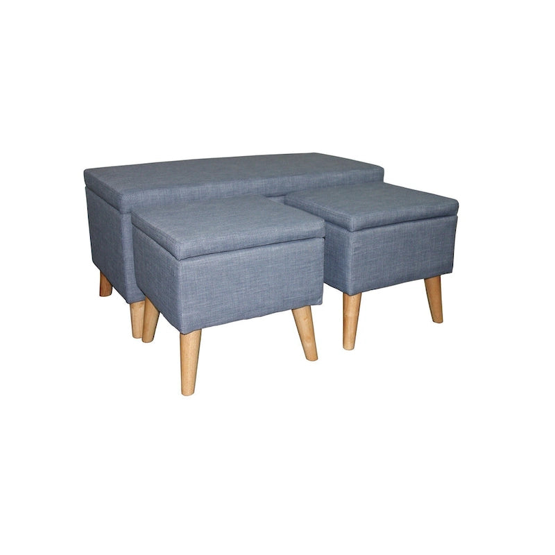 Poufs de rangement à pieds en bois, motif écossais beige/gris/bleu/marron, ensemble de 3 pièces