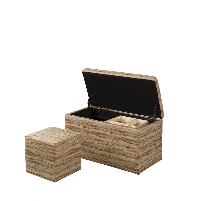 Poufs de rangement à pieds en bois, motif écossais beige/gris/bleu/marron, ensemble de 3 pièces