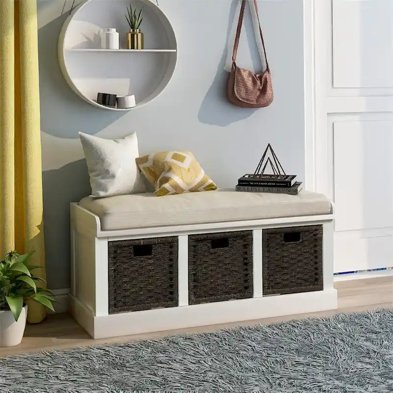 Banc de rangement Blanc délavé/Blanc/Espresso/Marine avec 3 paniers en rotin