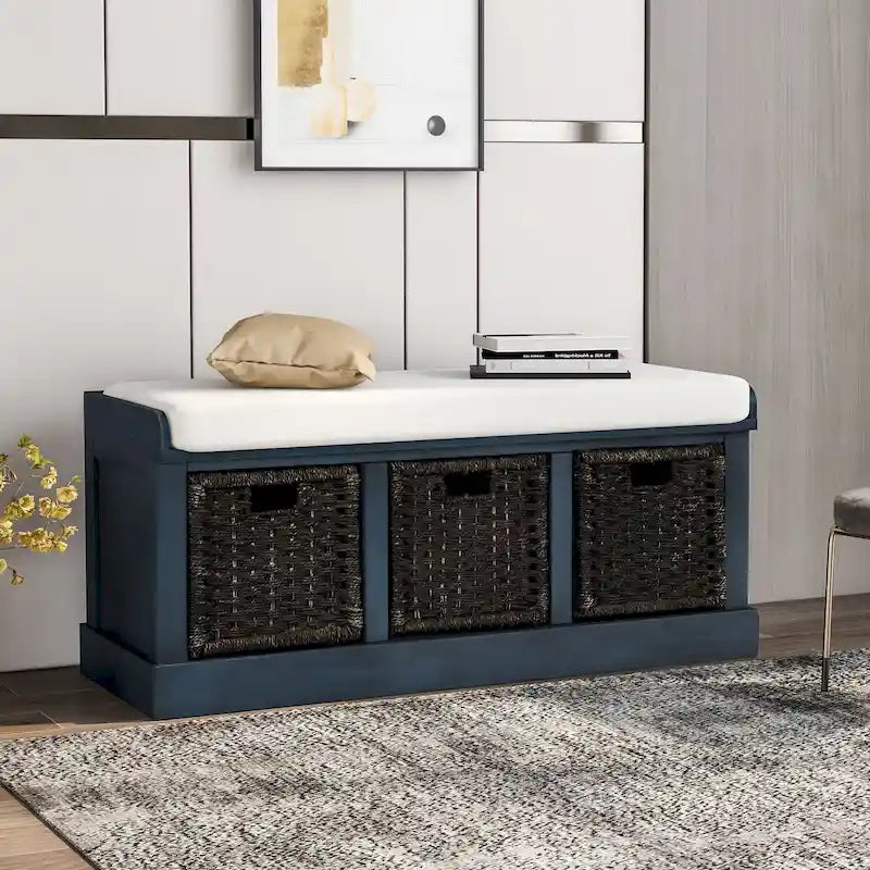 Banc de rangement Blanc délavé/Blanc/Espresso/Marine avec 3 paniers en rotin