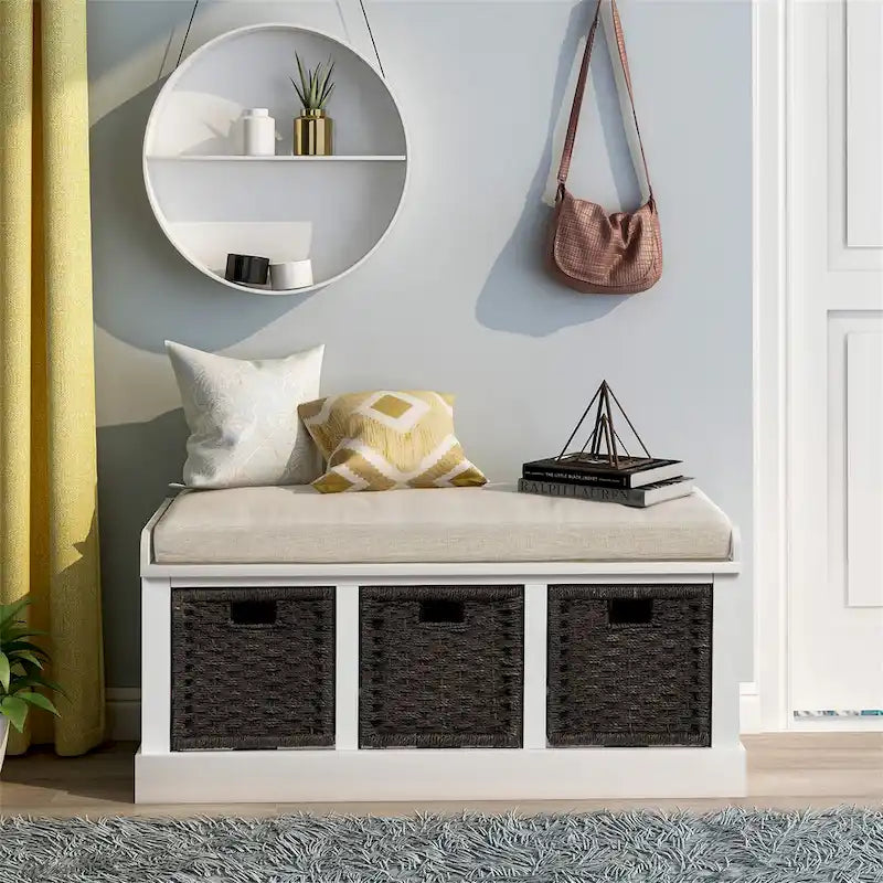 Banc de rangement Blanc délavé/Blanc/Espresso/Marine avec 3 paniers en rotin