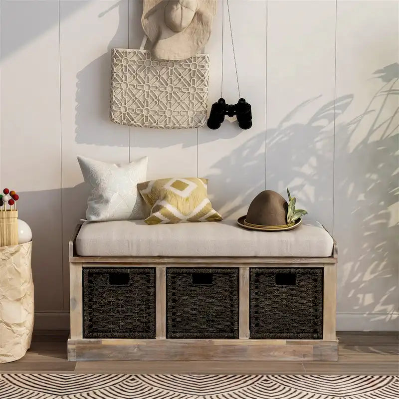 Banc de rangement Blanc délavé/Blanc/Espresso/Marine avec 3 paniers en rotin