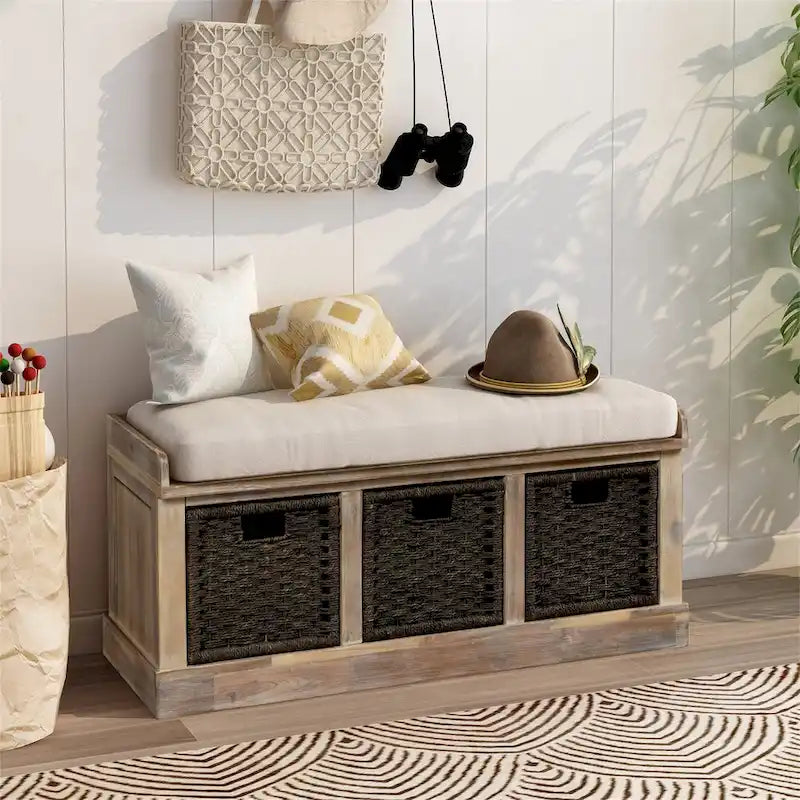 Banc de rangement Blanc délavé/Blanc/Espresso/Marine avec 3 paniers en rotin