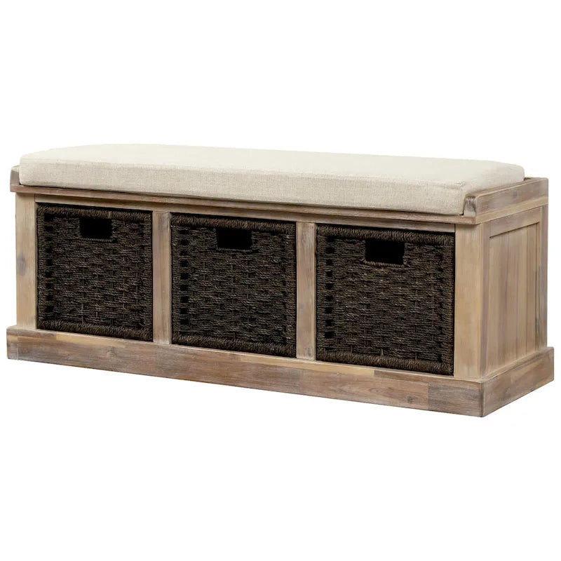 Banc de rangement Blanc délavé/Blanc/Espresso/Marine avec 3 paniers en rotin