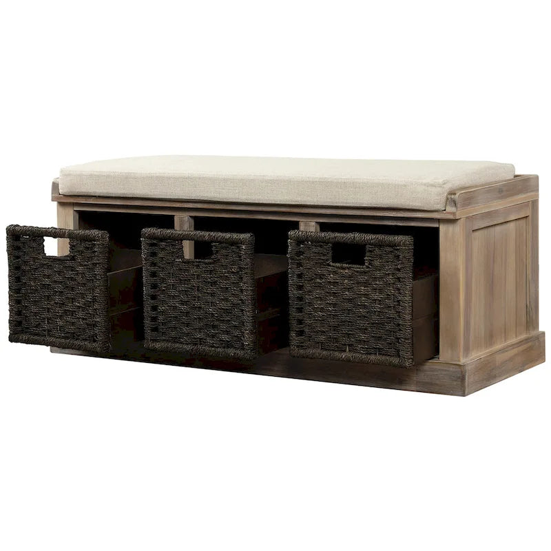Banc de rangement Blanc délavé/Blanc/Espresso/Marine avec 3 paniers en rotin