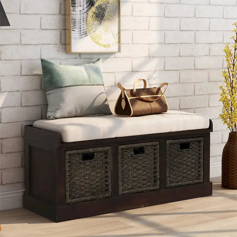 Banc de rangement Blanc délavé/Blanc/Espresso/Marine avec 3 paniers en rotin