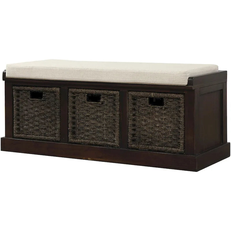 Banc de rangement Blanc délavé/Blanc/Espresso/Marine avec 3 paniers en rotin