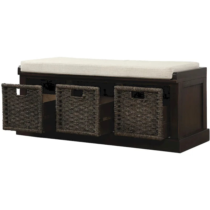 Banc de rangement Blanc délavé/Blanc/Espresso/Marine avec 3 paniers en rotin