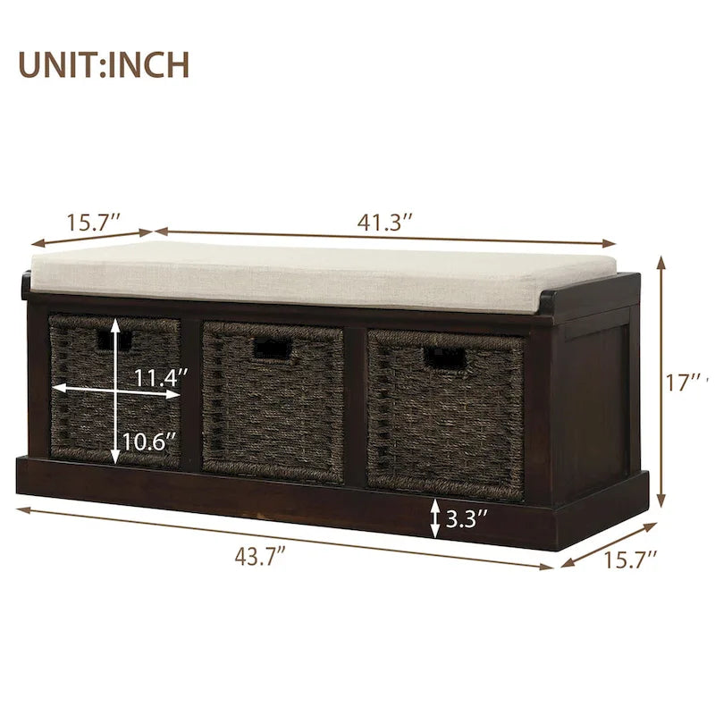 Banc de rangement Blanc délavé/Blanc/Espresso/Marine avec 3 paniers en rotin