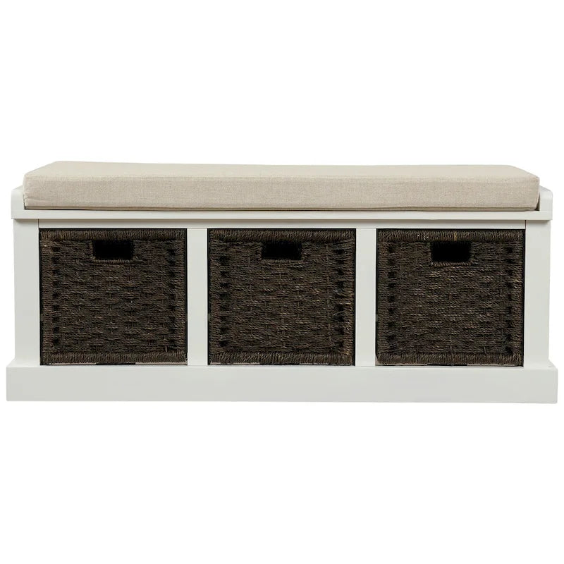 Banc de rangement Blanc délavé/Blanc/Espresso/Marine avec 3 paniers en rotin