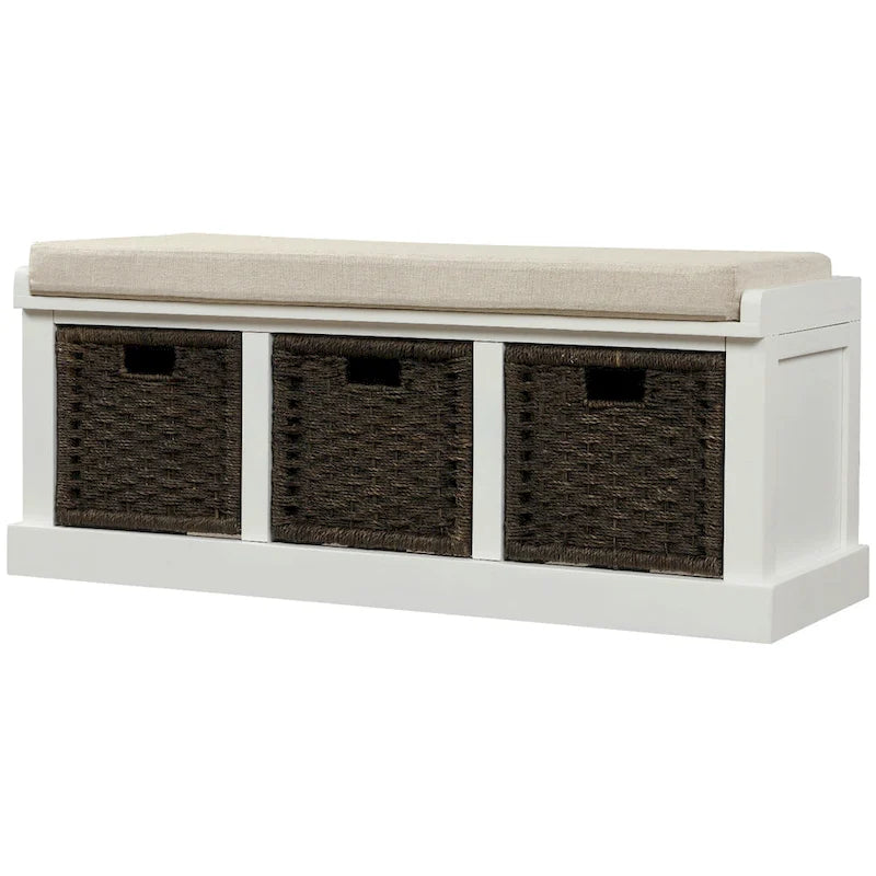 Banc de rangement Blanc délavé/Blanc/Espresso/Marine avec 3 paniers en rotin