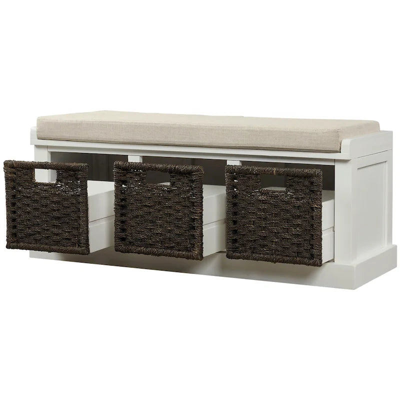 Banc de rangement Blanc délavé/Blanc/Espresso/Marine avec 3 paniers en rotin