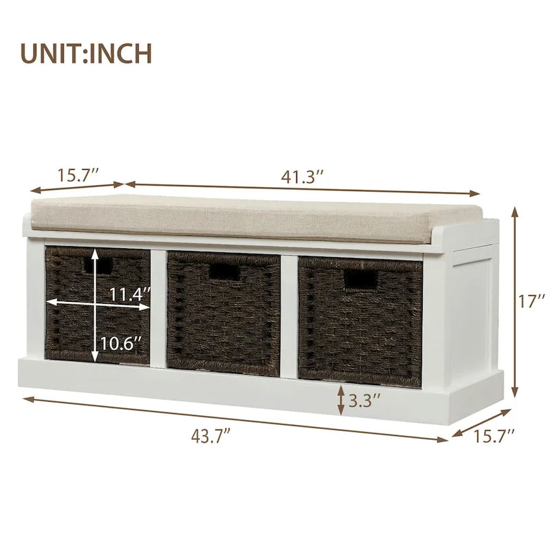 Banc de rangement Blanc délavé/Blanc/Espresso/Marine avec 3 paniers en rotin