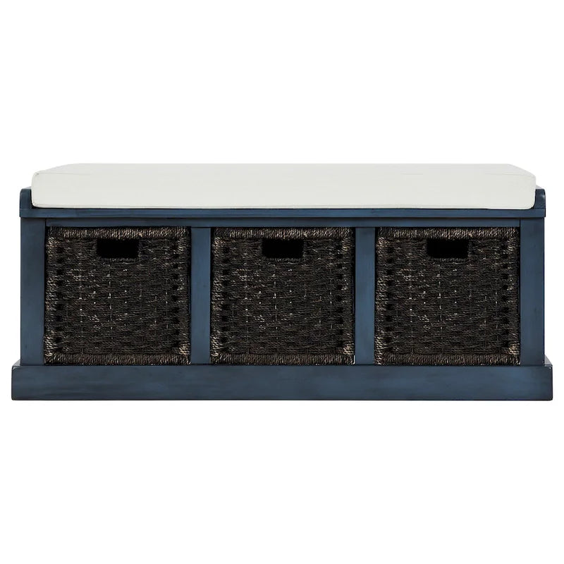Banc de rangement Blanc délavé/Blanc/Espresso/Marine avec 3 paniers en rotin