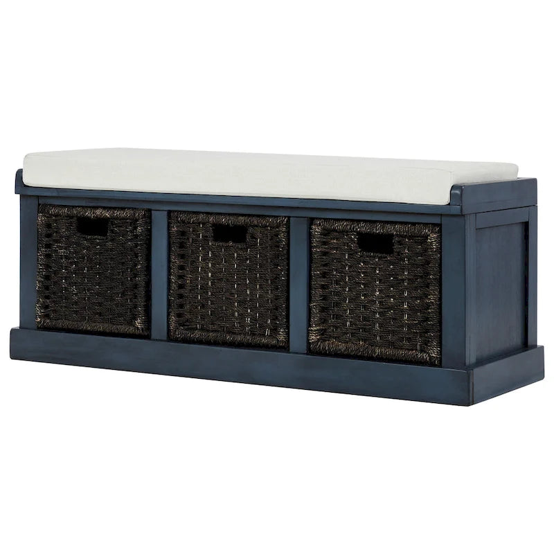 Banc de rangement Blanc délavé/Blanc/Espresso/Marine avec 3 paniers en rotin