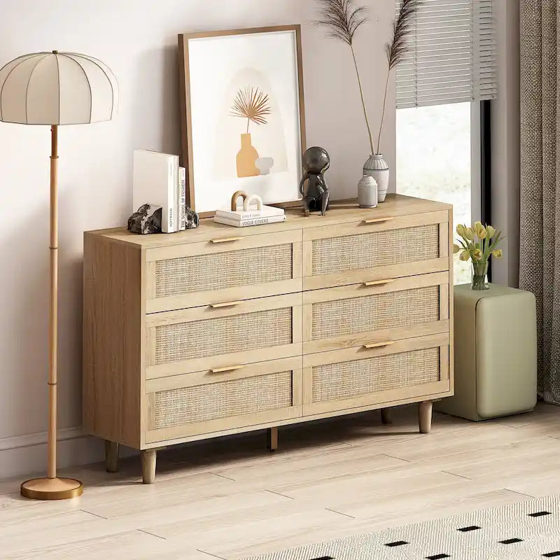 Commode 6 tiroirs en rotin naturel/noir meuble de rangement