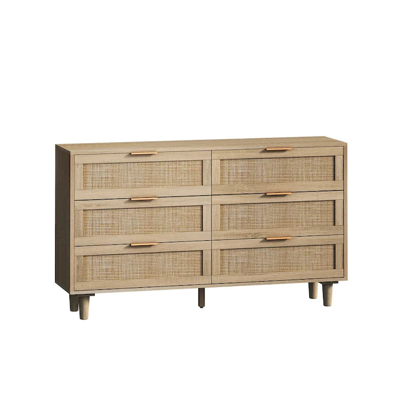 Commode 6 tiroirs en rotin naturel/noir meuble de rangement