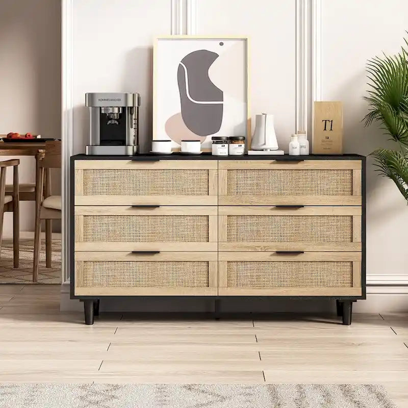 Commode 6 tiroirs en rotin naturel/noir meuble de rangement