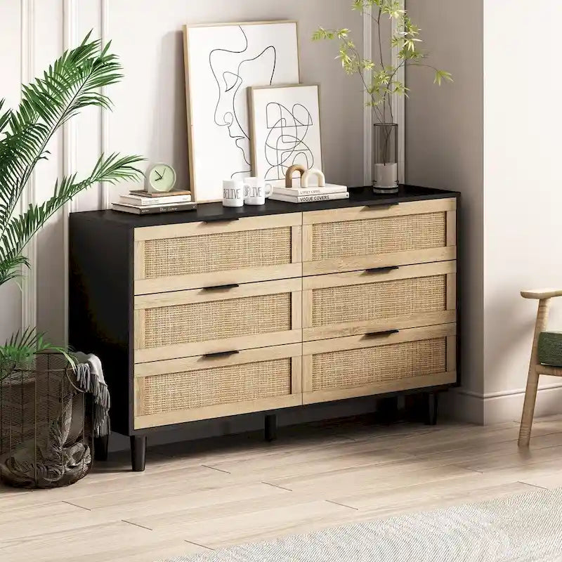 Commode 6 tiroirs en rotin naturel/noir meuble de rangement