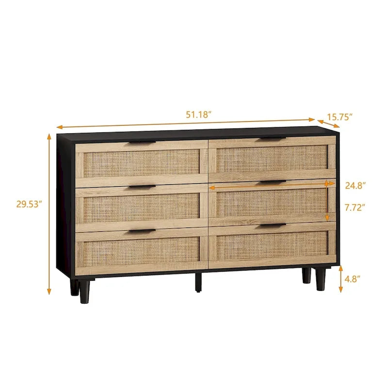 Commode 6 tiroirs en rotin naturel/noir meuble de rangement
