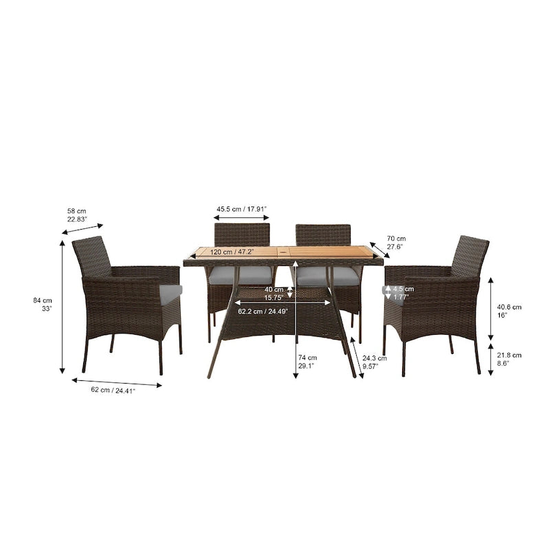 Teamson Home - Ensemble de salle à manger d'extérieur 5 pièces en rotin marron - 119,4L x 70,1l x 73,7H