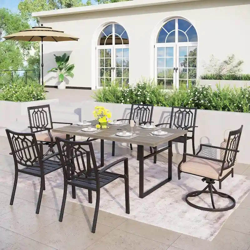 MAISON ARTS Ensemble de salle à manger de jardin 7 pièces avec table à manger marron à pieds en U en métal et chaises de salle à manger en métal