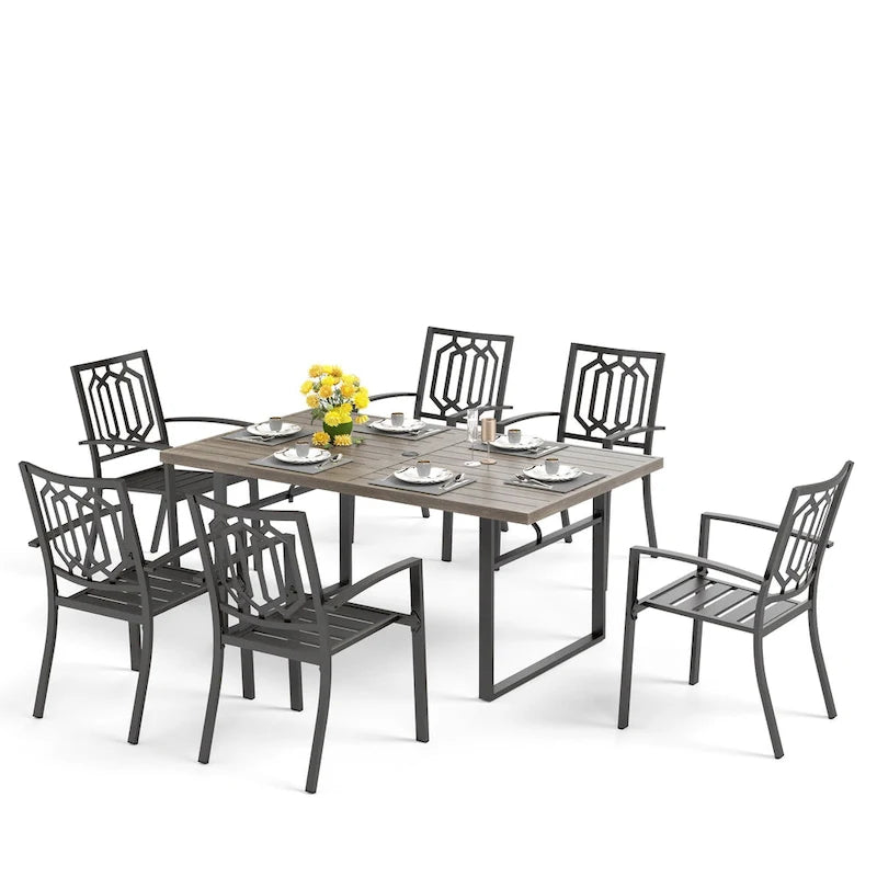 MAISON ARTS Ensemble de salle à manger de jardin 7 pièces avec table à manger marron à pieds en U en métal et chaises de salle à manger en métal