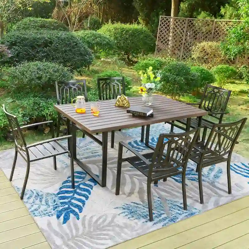 MAISON ARTS Ensemble de salle à manger de jardin 7 pièces avec table à manger marron à pieds en U en métal et chaises de salle à manger en métal