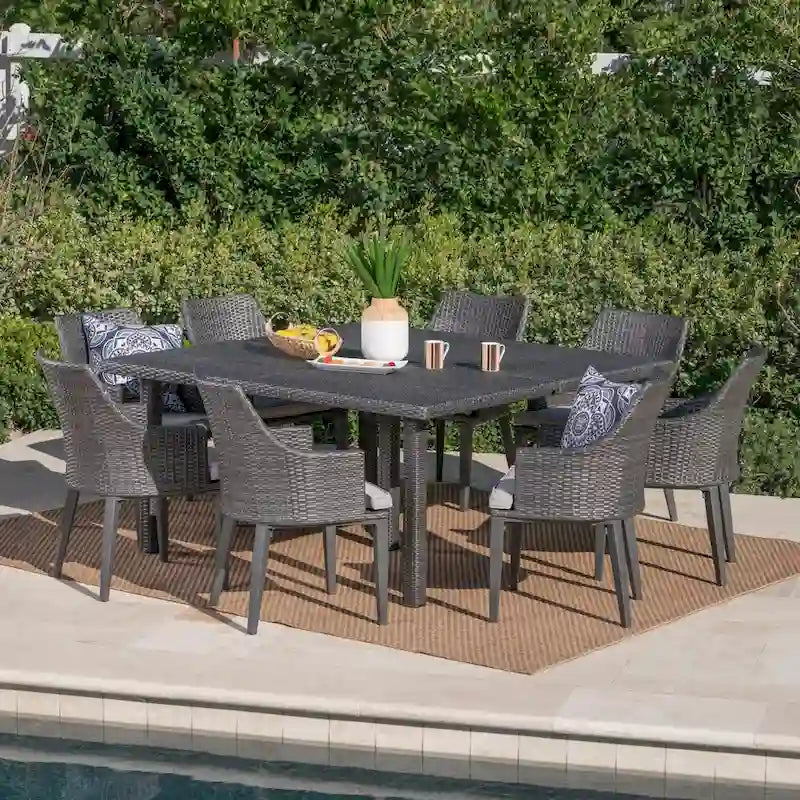 Ensemble de salle à manger carré 9 pièces en osier Arnell Outdoor avec coussins par Christopher Knight Home