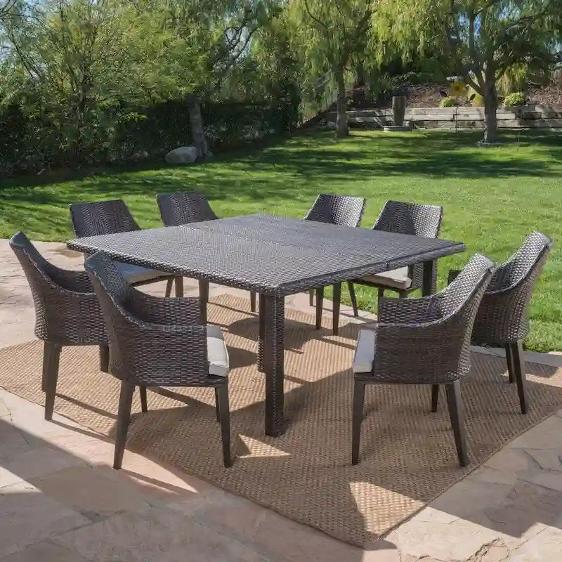 Ensemble de salle à manger carré 9 pièces en osier Arnell Outdoor avec coussins par Christopher Knight Home