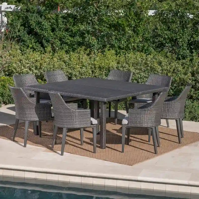 Ensemble de salle à manger carré 9 pièces en osier Arnell Outdoor avec coussins par Christopher Knight Home