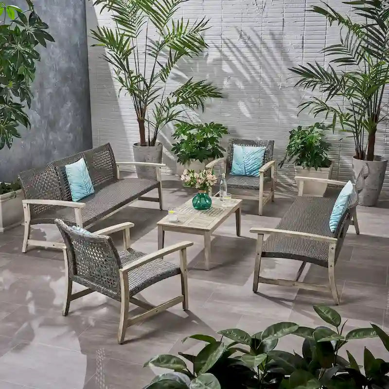 Ensemble de conversation d'extérieur Hampton de 5 pièces en bois et osier par Christopher Knight Home