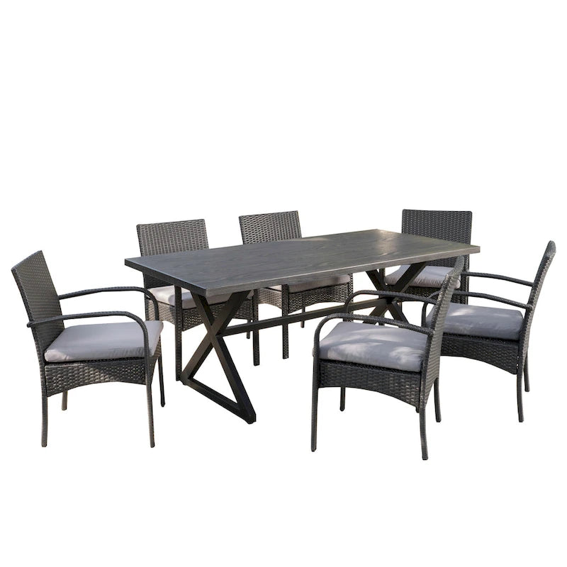 Ensemble de salle à manger rectangulaire 7 pièces en osier et aluminium Ashworth Outdoor avec coussins par Christopher Knight Home - N/A