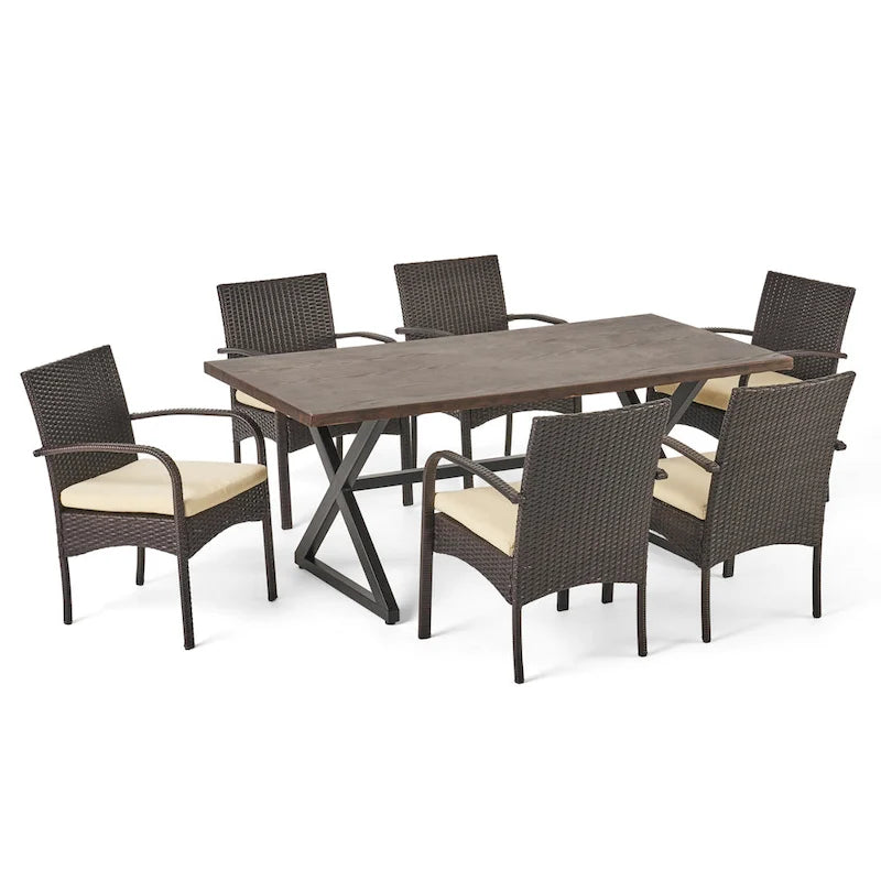 Ensemble de salle à manger rectangulaire 7 pièces en osier et aluminium Ashworth Outdoor avec coussins par Christopher Knight Home - N/A