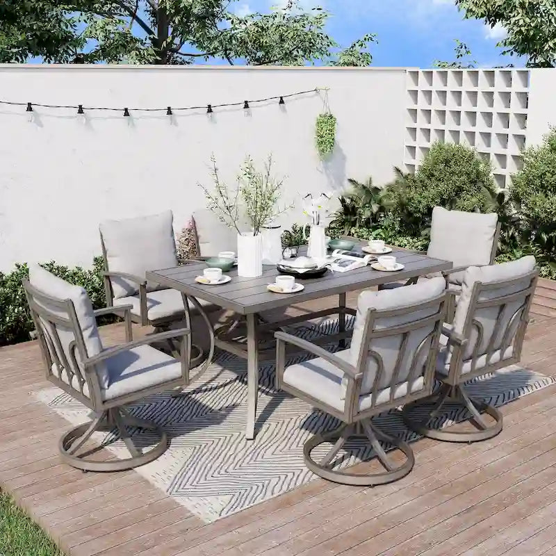 Ensemble de salle à manger de patio en aluminium de 7 pièces avec 6 chaises de salle à manger pivotantes et coussins lavables