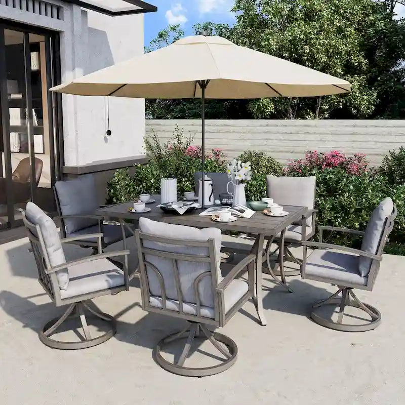 Ensemble de salle à manger de patio en aluminium de 7 pièces avec 6 chaises de salle à manger pivotantes et coussins lavables