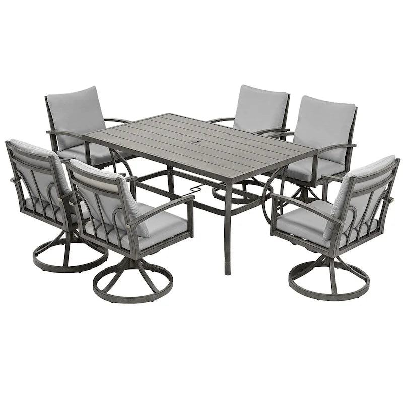 Ensemble de salle à manger de patio en aluminium de 7 pièces avec 6 chaises de salle à manger pivotantes et coussins lavables