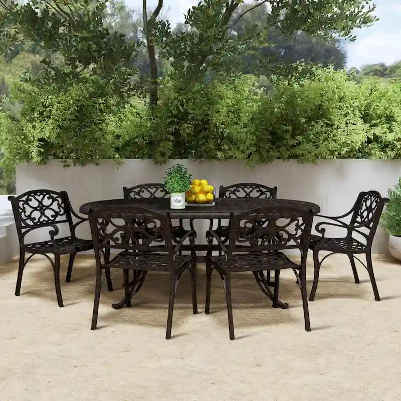 Ensemble de salle à manger d'extérieur 7 pièces en aluminium bronze Sanibel avec table à manger ovale de 72 et six fauteuils par Homestyles